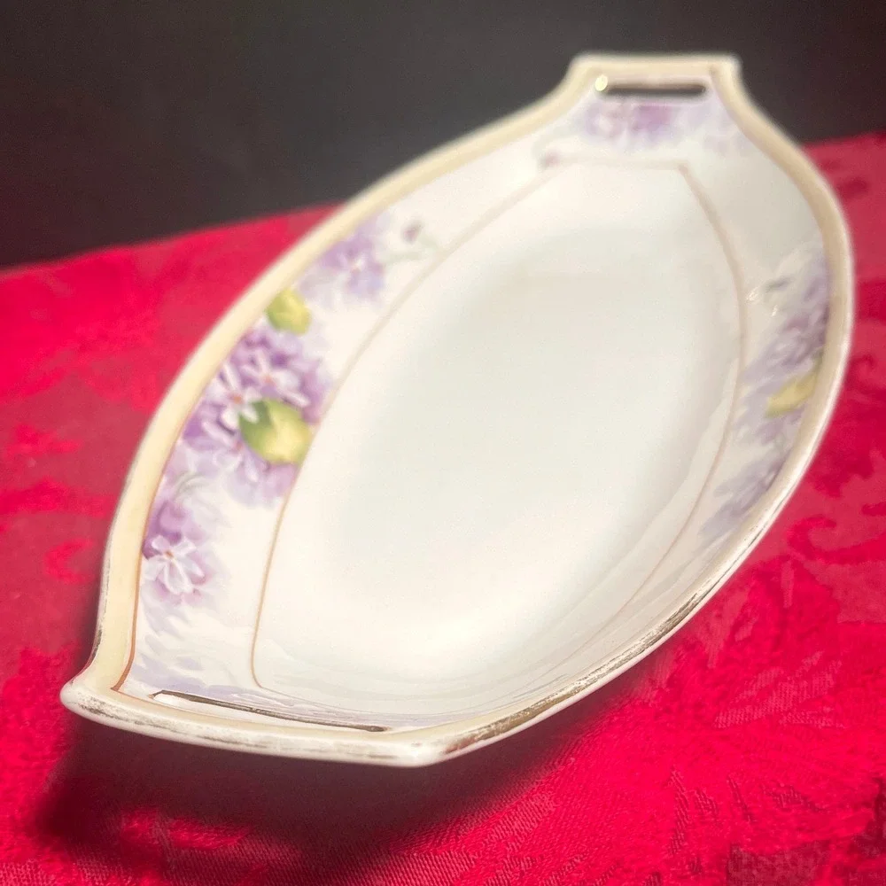 Antique Nippon Porcelain Celery Dish 1930s Purple Floral Oblong Made in Japan